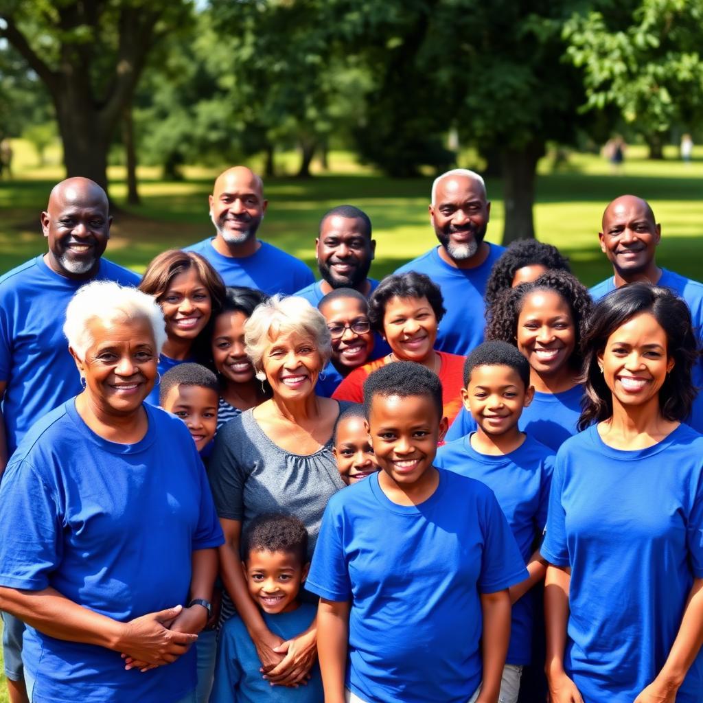 The whole crew, matching blue